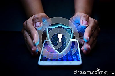 Shield Internet phone Smartphone is protected from hacker attacks, Firewall Business people press the protected phone on the inter Stock Photo