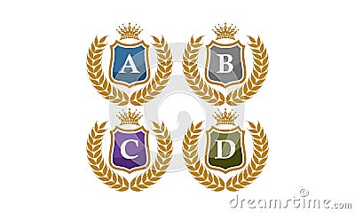 Shield Leaves Crown Initial A B C D Vector Illustration