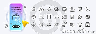 Shield, Meeting time and Gps line icons for web app. Pictogram icon. Phone mockup gradient screen. Vector Stock Photo