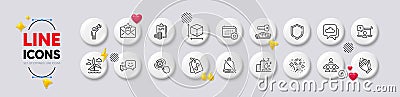 Shield, Online question and Cogwheel settings line icons. For web app, printing. White buttons 3d icons. Vector Vector Illustration