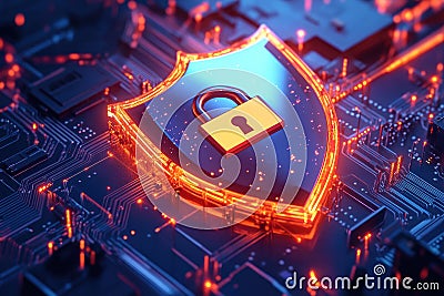 A shield with a padlock on a computer circuit board. Secure technology service, cyber shield, internet safety, privacy and data Stock Photo