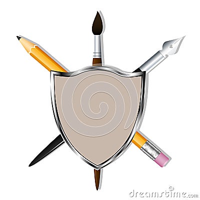 Shield with a pencil, art pen and brush. Heraldry for learning and creativity. Vector Image. Cartoon Illustration