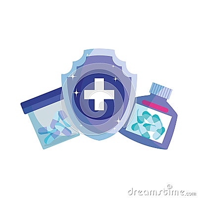 Shield protection medicine bottle pills capsule Vector Illustration