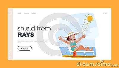 Shield from Rays Landing Page Template. Joyful Child Protected With Skin Cream From Sunburn Ensuring Safety From Uv Rays Vector Illustration