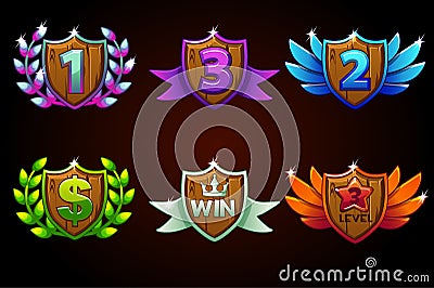 Shield set, vector Awards or icons. Awards 1st, 2nd, 3rd place. For game, user interface, banner, application, interface Vector Illustration