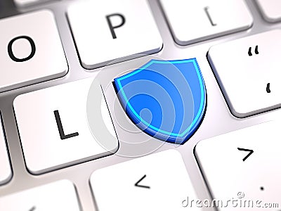 Shield shaped button on computer keyboard - Security and antivirus firewall protection concept Stock Photo