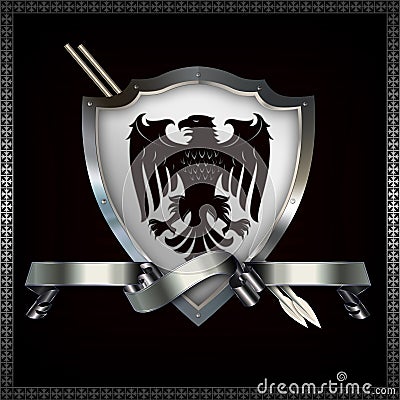 Shield with spears and ribbon. Stock Photo