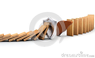 Shield stopping Falling wooden Dominoes. concept for Liver protection. Liver risk. Stock Photo