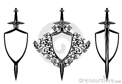 Shield and sword among roses black vector design Vector Illustration