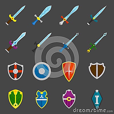 Shield swords emblems icons set Vector Illustration