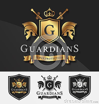 Shield and Two Guardians with cross knight crest logo template Vector Illustration