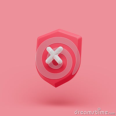 Shield unprotected icon with cross simple 3d illustration on pastel abstract background. minimal concept. Cartoon Illustration