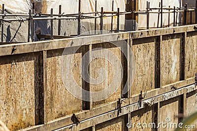 Shielded steel formwork for the construction of reinforced concrete monolithic structures Stock Photo