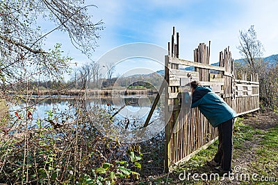 Shielding barrier for birdwatching, Brabbia marsh, province of Varese, Italy Stock Photo