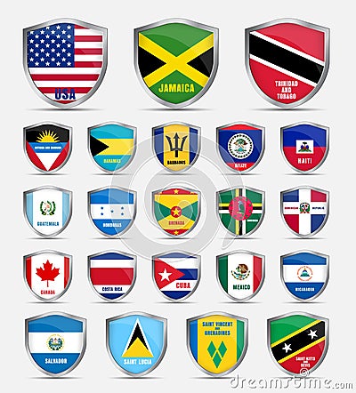 Shields with flags of the countries of North America Vector Illustration