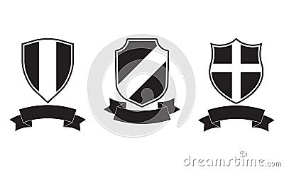 Shields with ribbon icon set. Different shield shapes collection. Heraldic royal design. Vector illustration Vector Illustration