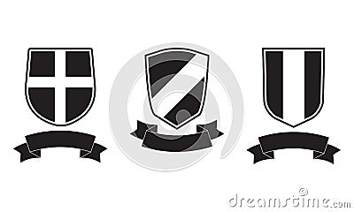 Shields with ribbon icon set. Different shield shapes collection. Heraldic royal design. Vector illustration Vector Illustration