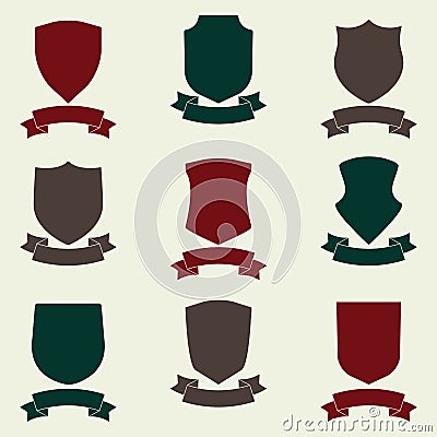 Shields and stylish ribbon set. Different shield shapes collection. Heraldic royal design. Colorful vector illustration. Vector Illustration