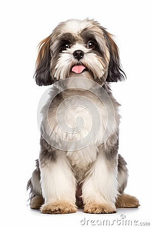 a shih tzu dog sitting in front of a white background Stock Photo