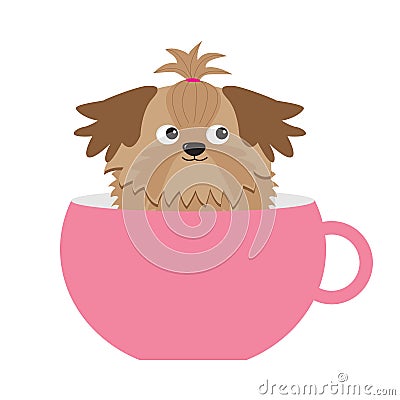 Shih Tzu dog sitting in pink cup. Cute cartoon character. Flat design. White background. Vector Illustration