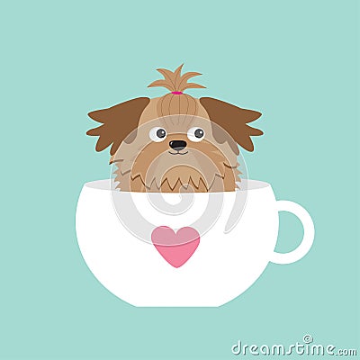 Shih Tzu dog sitting in pink cup with heart. Cute cartoon character. Flat design. Blue background. Vector Illustration