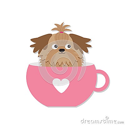 Shih Tzu dog sitting in pink cup with heart. Cute cartoon character. Flat design. White background. Vector Illustration