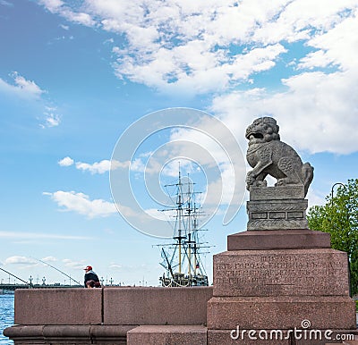 Shih Tzu is a pair of granite mythological guardian lions installed on Petrovskaya Embankment Editorial Stock Photo