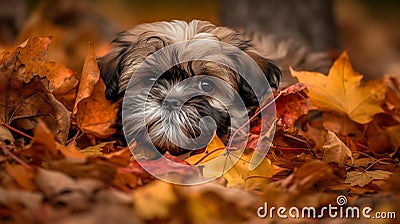 Shih Tzu Puppy's First Romp in the Autumn Leaves Stock Photo