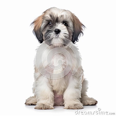 shih tzu puppy sitting in front of white background Stock Photo