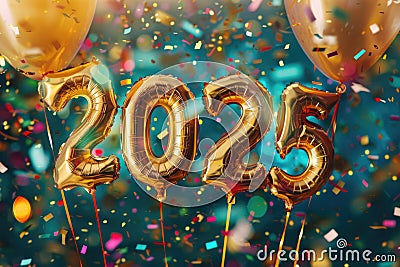 Shimmering 2025 balloons amidst vibrant confetti against a glittery blue backdrop celebrating New Year Stock Photo