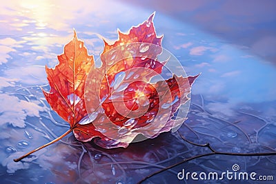 Shimmering Beauty: A Red Leaf with Sparkles on an Icy Background Stock Photo