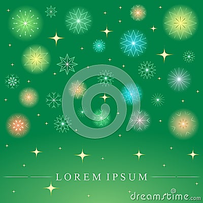 Shimmering Colorful Snowflakes. Golden Shinning Stars and Snowflakes on Green Background. Perfect for Festive Design Vector Illustration