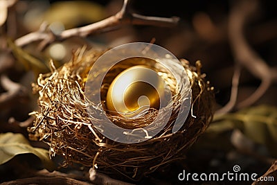 Shimmering golden egg nestled among twigs in a birds cozy home Stock Photo