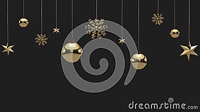 Shimmering golden snowflakes, christmas balls and stars on black background. 3d render of glowing hanging Cristmas ornament. Stock Photo