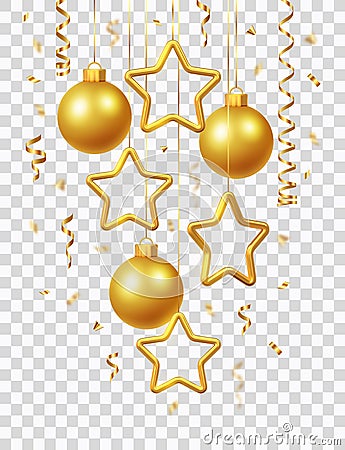 Shimmering hanging golden stars and balls with confetti isolated on transparent background. Glowing Christmas greeting card, cover Cartoon Illustration