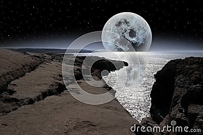 Shimmering moon in rocky burren landscape Stock Photo