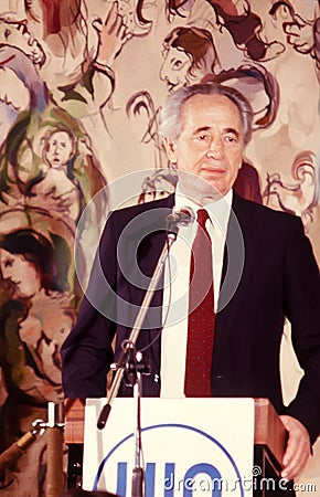 Shimon Peres Speaks with Background of Chagall Tapestries Editorial Stock Photo