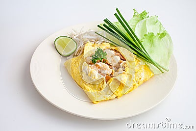 Shimp Pad Thai Covered with Fried Egg Stock Photo