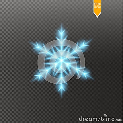 Shine blue snowflake with glitter isolated on transparent background. Christmas decoration with shining sparkling light Vector Illustration