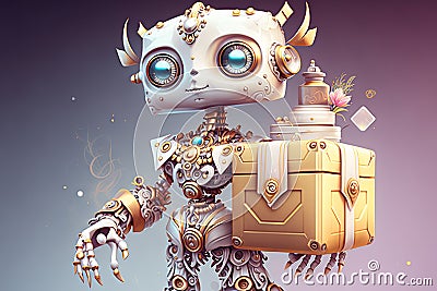 Sparkling Style: Cartoon Robot with Diamond Lapel Holds Gift Box on Glazy White Background Stock Photo