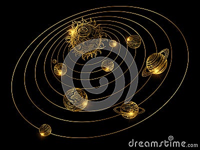 Shine golden solar system with hand drawn planets isolated on black background Vector Illustration