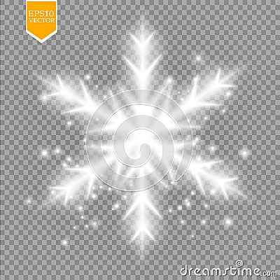 Shine white snowflake with glitter on transparent background. Christmas decoration with shining sparkling light Vector Illustration