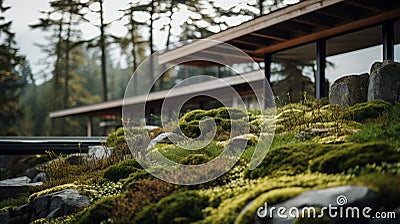 Luxurious Home Exterior Scene With Mossy Rocks And Serene Pastoral Scenes Stock Photo