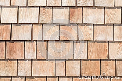 Shingle red cedar wooden shake wood siding row roof panel made of larch conifer tree Stock Photo