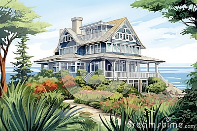 shingle-style home nestled among coastal plants with ocean backdrop, magazine style illustration Cartoon Illustration