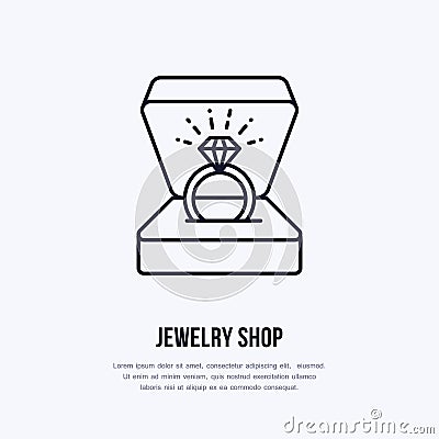 Shining brilliant ring in gift box illustration. Jewelry flat line icon, jewellery store logo. Jewels engagement Vector Illustration