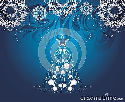 Shining Christmas tree on dark blue background with stylized snowflakes Vector Illustration