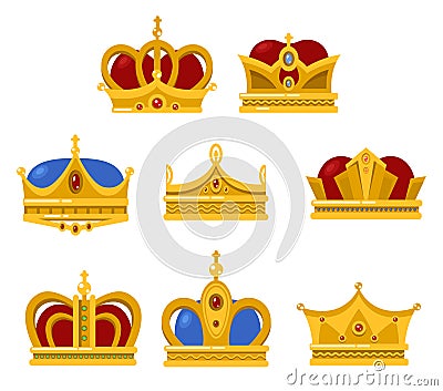 Shining crowns and tiara isolated icons Vector Illustration