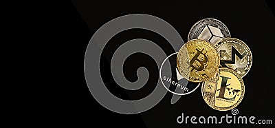 Shining cryptocurrency coins pile on black background, top view of bitcoin, monero, litecoin, ethereum with copy space Editorial Stock Photo