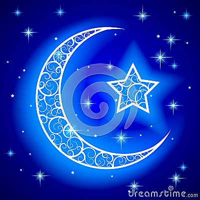 Shining decorative half moon with star on blue night starry sky Vector Illustration